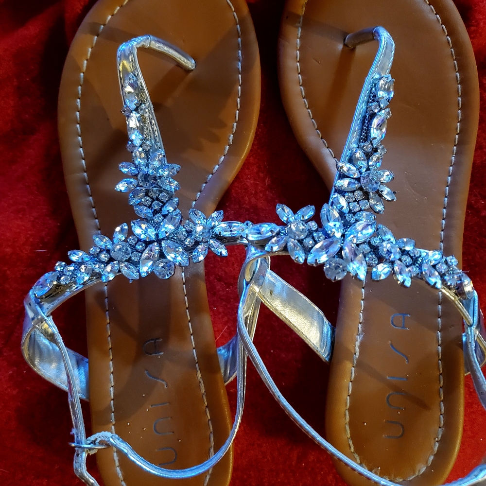 Unisa Silver Jeweled T-Strap Sandals - Women